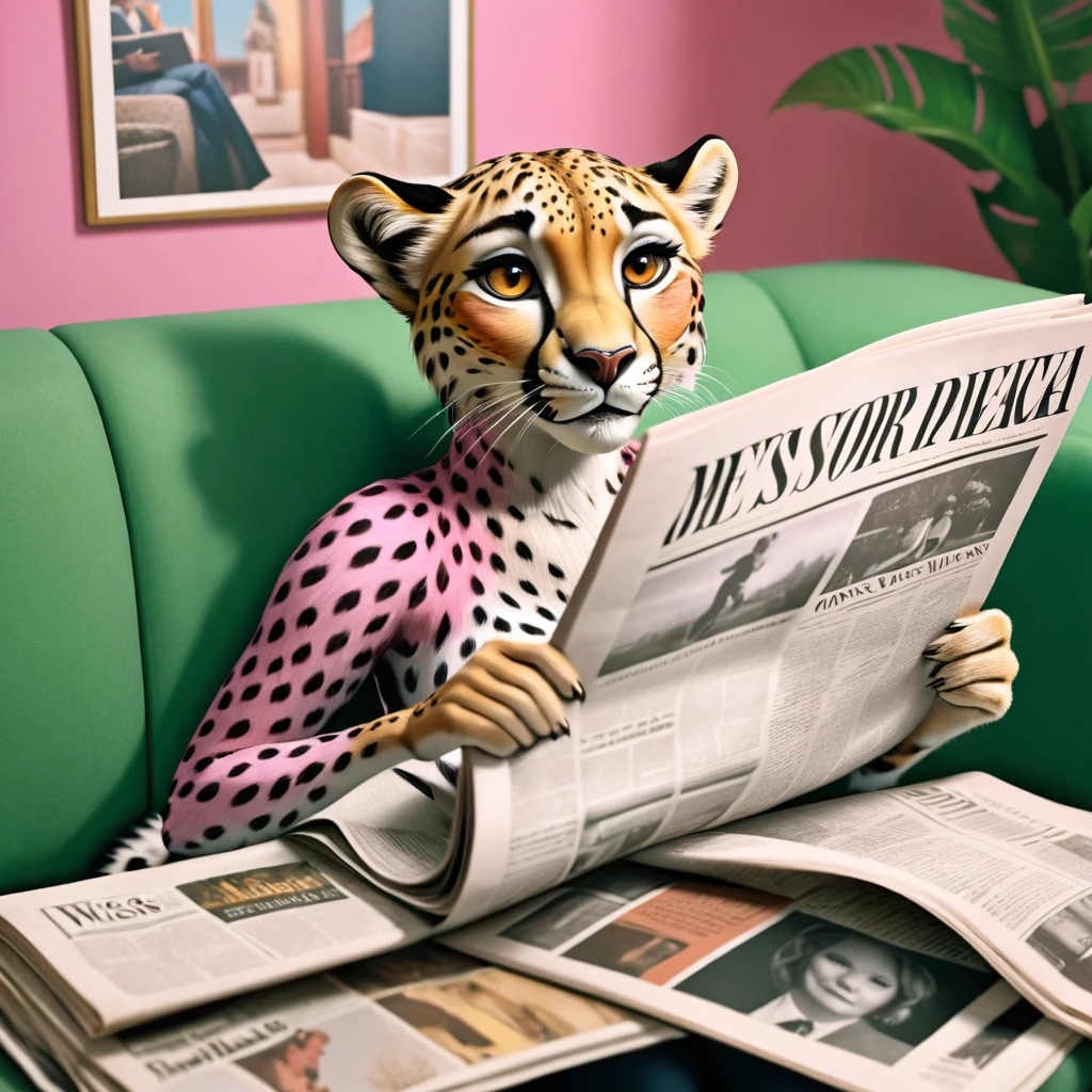 Realism，Pink cheetah sitting on the sofa reading newspaper，There is a leopard in the newspaper, Humanoid pink cheetah, Inspired by Chris Labroy, by Emma Andijewska, By Dietmar Damelau, read newspaper, by Leila Faithful, author：Natalie Ratner, inspired by wes anderson, newspaper photography, toiletpaper magazine, by Anna Haifesch