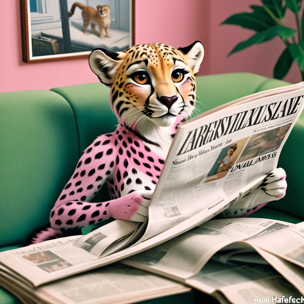 Realism，Pink cheetah sitting on the sofa reading newspaper，There is a leopard in the newspaper, Humanoid pink cheetah, Inspired by Chris Labroy, by Emma Andijewska, By Dietmar Damelau, read newspaper, by Leila Faithful, author：Natalie Ratner, inspired by wes anderson, newspaper photography, toiletpaper magazine, by Anna Haifesch