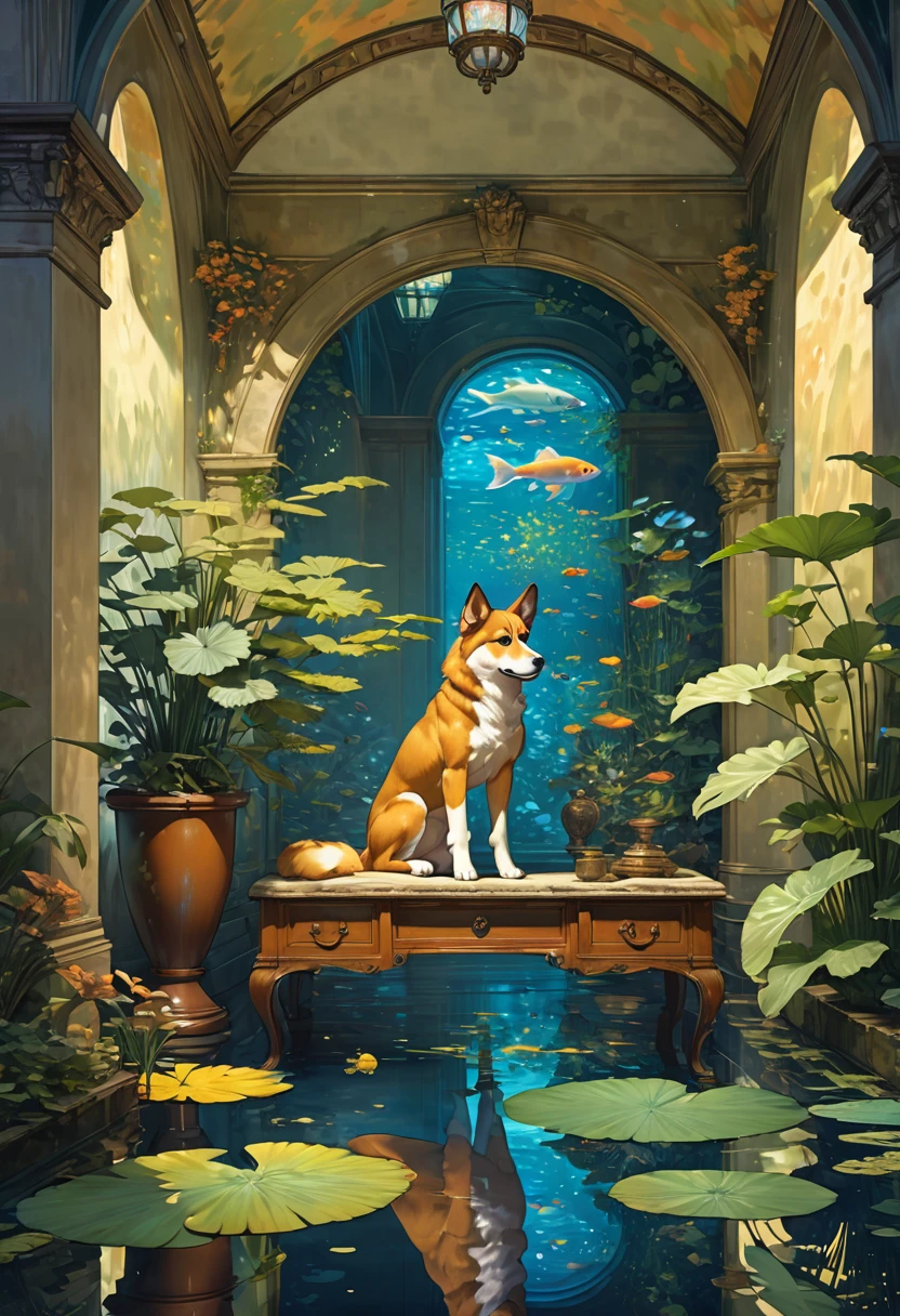top quality, best quality, High-quality illustrations by Michelangelo, by Johannes Vermeer, masterpiece, super high resolution, detailed background, textile art, nightwear, surrounded cistern, transparent aquarium, aquatic plants, fluorescent lamp, caustics surface, reflecting, refraction, polarization, absurdres, perfect anatomy(handsome 1boy, kemono, solo focus, Adventurer, Archaeologist)(furry, dog facial features, dog body features)full body, expressionless, closed mouth, antique furniture, shaded face,