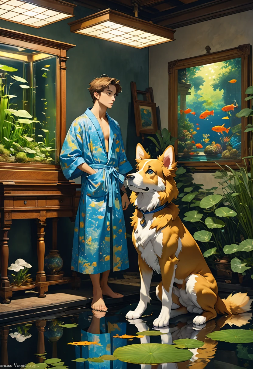 top quality, best quality, High-quality illustrations by Michelangelo, by Johannes Vermeer, masterpiece, super high resolution, detailed background, textile art, nightwear, surrounded cistern, transparent aquarium, aquatic plants, fluorescent lamp, caustics surface, reflecting, refraction, polarization, absurdres, perfect anatomy(handsome 1boy, kemono, solo focus, Adventurer, Archaeologist)(furry, dog facial features, dog body features)full body, expressionless, closed mouth, antique furniture, shaded face,