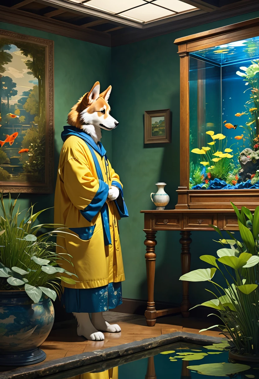 top quality, best quality, High-quality illustrations by Michelangelo, by Johannes Vermeer, masterpiece, super high resolution, detailed background, textile art, nightwear, surrounded cistern, transparent aquarium, aquatic plants, fluorescent lamp, caustics surface, reflecting, refraction, polarization, absurdres, perfect anatomy(handsome 1boy, kemono, solo focus, Adventurer, Archaeologist)(furry, dog facial features, dog body features)full body, expressionless, closed mouth, antique furniture, shaded face,