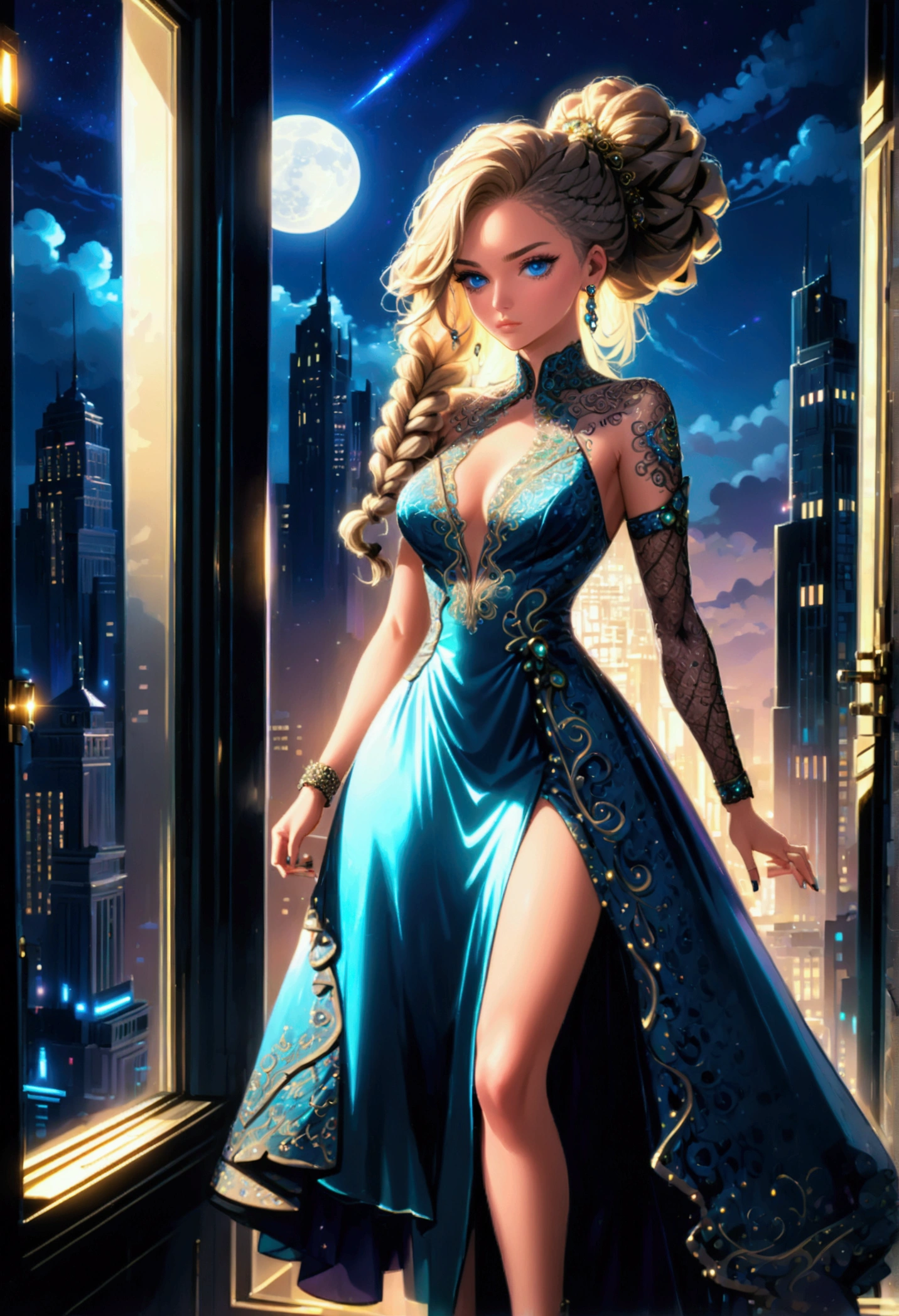 a portrait picture of a 1single woman sniper, standing in a window aiming a sniper rifle, an exotic beautiful woman sniper, dynamic hair, braided hair, full body shop, intense blue eyes, ultra detailed face, wearing (intricate evening dress: 1.5), elegant dress, dynamic color, dynamic style, wearing elegant stiletto heels , behind a window in a tall building at nigh, aiming a Light Sniper Rifle , cyberpunk city background, its night time, moon rays, some clouds,  (full body shot: 1.1) , vibrant, Ultra-high resolution, High Contrast, (masterpiece:1.5), highest quality, Best aesthetics), best details, best quality, highres, ultra wide angle, 16k, [ultra detailed], masterpiece, best quality, (extremely detailed) Sniper Rifle, evening dress