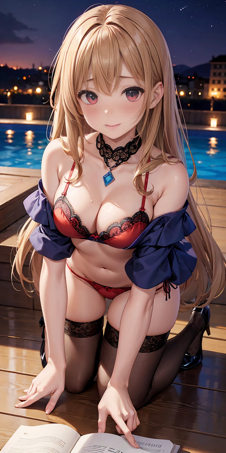Adult female, Sexy Witch Cosplay, Long dark blonde wavy hair、Off-the-shoulder knit, Black pencil mini skirt, 、Medium Milk, blush, Embarrassed laugh, Exposing shoulders、(Pose to lean forward and emphasize the chest)、sexy blue and red bra、((blue and red lace panties))、Gorgeous magic wand and book、Hotel swimming pool、night、Sexy pose、Accentuate your butt、((Embarrassed expression))、On all fours