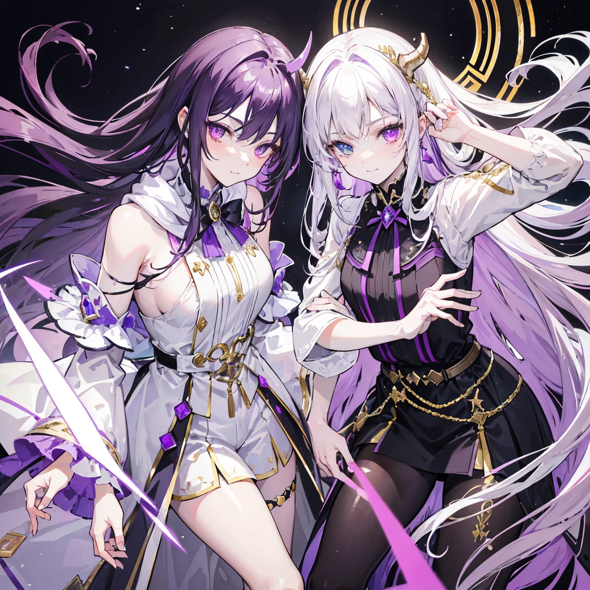 cheerful boy aristocrat open forehead. dark purple hair braided in a ponytail on the left side to one side. sinuous black horns wrapped in dark purple ribbon. pale violet eyes. in short dark purple shorts. long white T-shirt. dark purple knee-high socks. a white long robe with a hood flutters in the wind. black ancient stone walls of the castle purple light from lamps with gold ornaments, heterochromia, long curly hair, pale skin, I look at the viewer, closed mouth, bright smile, Beautiful, extremely detailed eye, Absolutely amazing art, extremely detailed, Digital art of the highest quality, full length, old piano, ancient walls of a stone castle