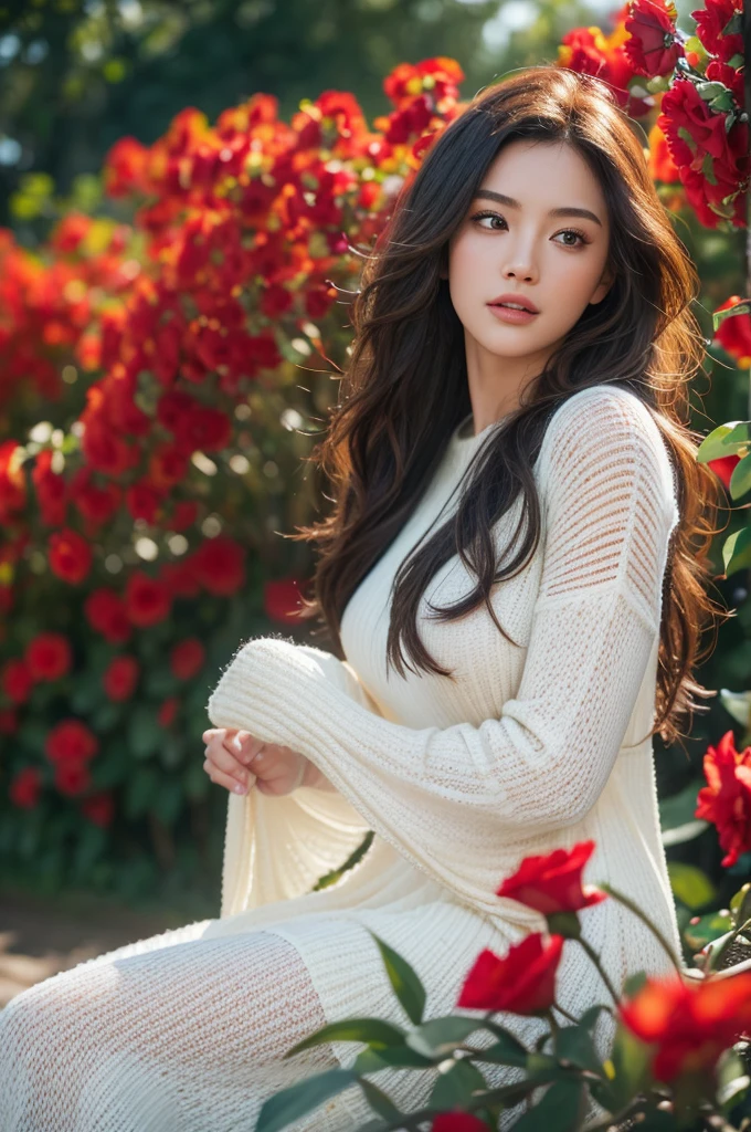 a stunningly realistic, high resolution 8K photo of a beautiful 30-year-old woman, (messy side wave long hair), and a glamorous figure, (elegant dress:1.2), dramatic lighting, masterpiece, immersive atmosphere, chiaroscuro:(1.5, bright light:1.2, luminous lighting), (background blur:1.5), blurring, best quality, photorealistic, ultra-detailed, HDR, physically-based rendering, studio lighting, vivid colors, bokeh, (real skin texture:1.3), high contrast, (Fuji Color:1.5), Film grain, girl in garden, (red flowers mess in background:1.3), seductive detailed red eyes and face, dynamic lighting, in the dark, deep shadow, low key, cowboy shot, (((she is wearing a white knitted dress))), hyperdetailed face, very detailed lips, Detailed eyes, 