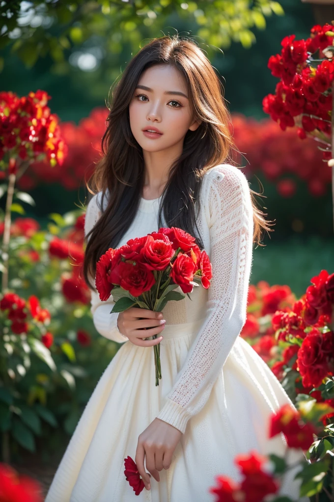 a stunningly realistic, high resolution 8K photo of a beautiful 30-year-old woman, (messy side wave long hair), and a glamorous figure, (elegant dress:1.2), dramatic lighting, masterpiece, immersive atmosphere, chiaroscuro:(1.5, bright light:1.2, luminous lighting), (background blur:1.5), blurring, best quality, photorealistic, ultra-detailed, HDR, physically-based rendering, studio lighting, vivid colors, bokeh, (real skin texture:1.3), high contrast, (Fuji Color:1.5), Film grain, girl in garden, (red flowers mess in background:1.3), seductive detailed red eyes and face, dynamic lighting, in the dark, deep shadow, low key, cowboy shot, (((she is wearing a white knitted dress))), hyperdetailed face, very detailed lips, Detailed eyes,