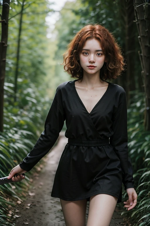 15 year old girl, Lovely, orange hair, very short, Very curly, slim, flat bust, with freckles on the face, with slavic features, with short black dress, of long sleeve, shows her legs, In the woods, holding a sword in his hand.