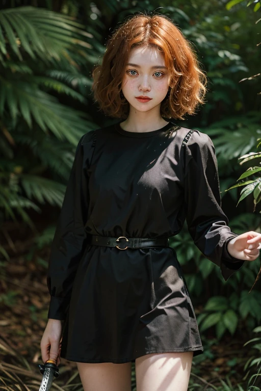 15 year old girl, Lovely, orange hair, very short, Very curly, slim, flat bust, with freckles on the face, with slavic features, with short black dress, of long sleeve, shows her legs, In the woods, holding a sword in his hand.