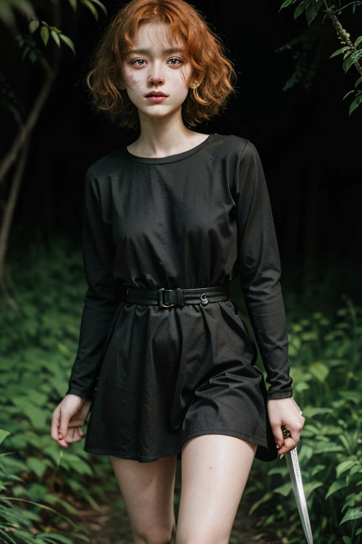 15 year old girl, Lovely, orange hair, very short, Very curly, slim, flat bust, with freckles on the face, with slavic features, with short black dress, of long sleeve, shows her legs, In the woods, holding a sword in his hand.