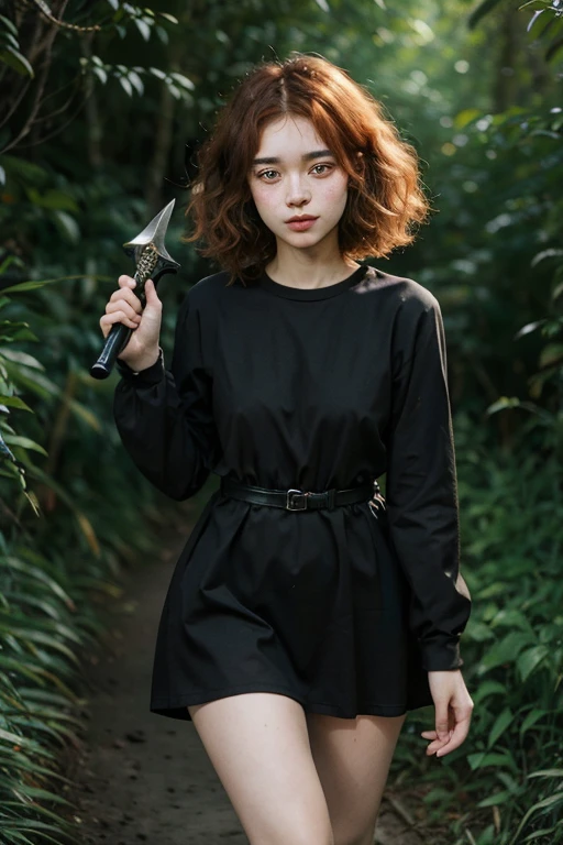 15 year old girl, Lovely, orange hair, very short, Very curly, slim, flat bust, with freckles on the face, with slavic features, with short black dress, of long sleeve, shows her legs, In the woods, holding a sword in his hand.