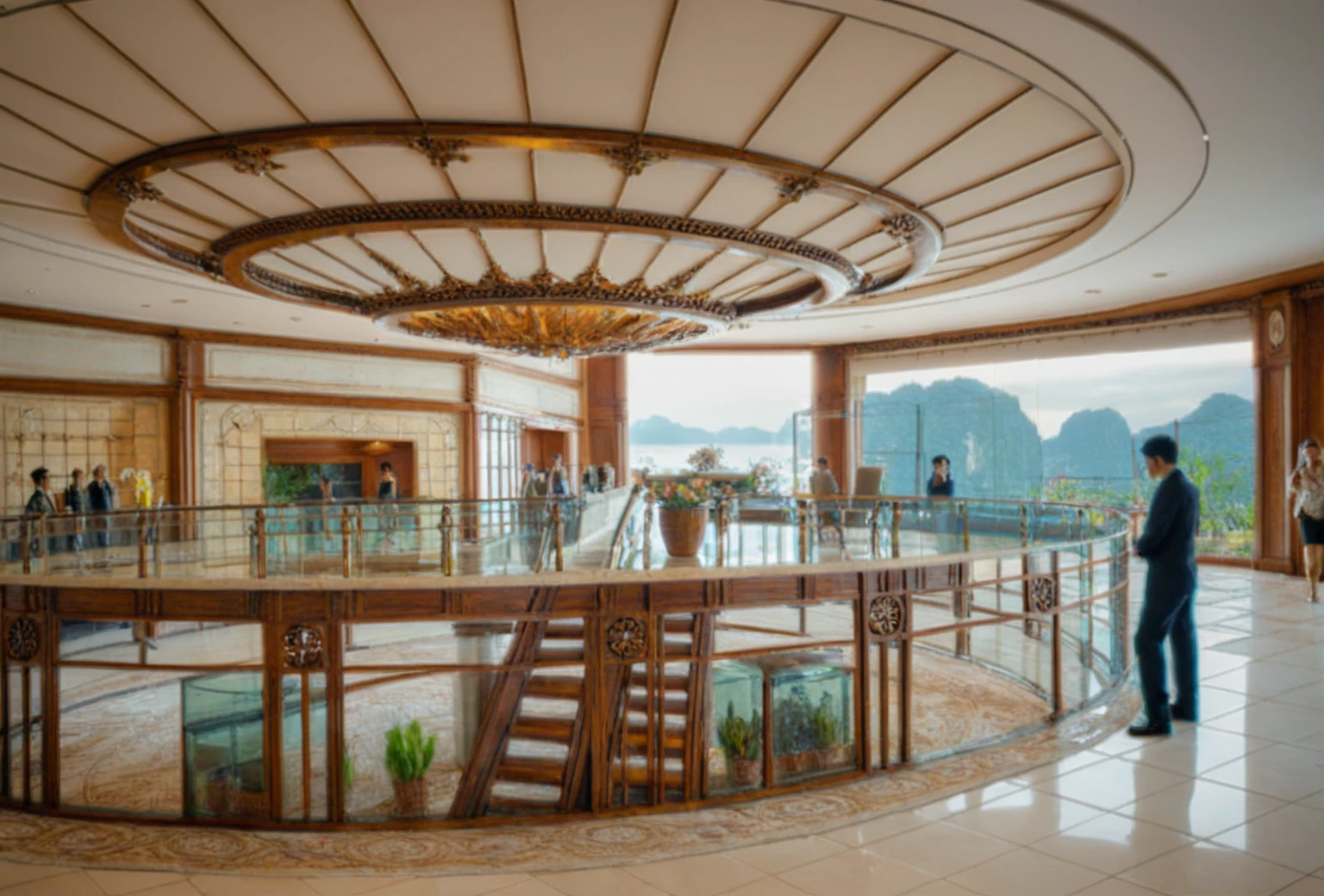 Raw photo,Masterpiece, high quality, best quality, authentic, super detail, interior, livingroom style modern luxury, sunset, day light, sofa, tea table, carpet, flower vase on tea table, wine bottle, tray, armchair, wine cabinet, books, glass cabinet doors, snake plant pot, halong bay view window, downlight, chandelier