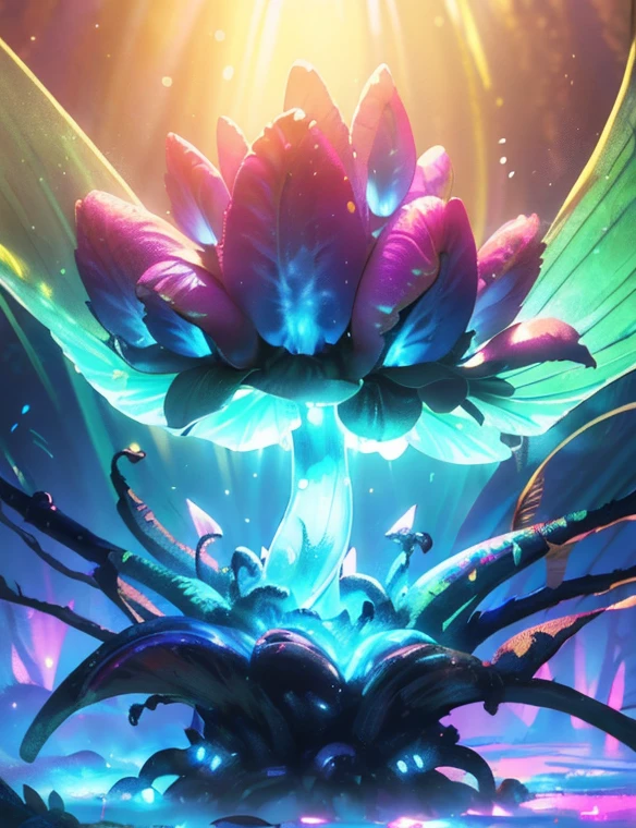 Enchanted mystical girl, neon colored butterflies, mini golden fairies, Glowing mushrooms releasing pollen., (ultrarealistic), {Extremely detailed 8k CG unit wallpaper}, (a low view that prioritizes the entire scene), (open field view), (low angle shot), (stand out: 1.5), (low light: 1.0), (warm light source: 1.0), complex details, (iridescent colors: 1.5), (bright lighting), (atmospheric lighting), nature, magical