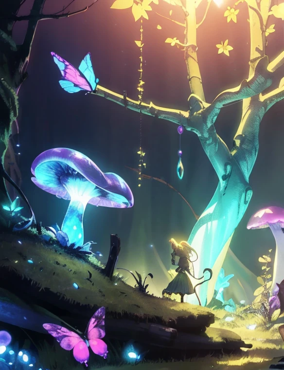 Enchanted mystical girl, neon colored butterflies, mini golden fairies, Glowing mushrooms releasing pollen., (ultrarealistic), {Extremely detailed 8k CG unit wallpaper}, (a low view that prioritizes the entire scene), (open field view), (low angle shot), (stand out: 1.5), (low light: 1.0), (warm light source: 1.0), complex details, (iridescent colors: 1.5), (bright lighting), (atmospheric lighting), nature, magical