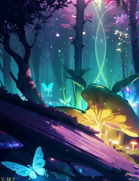 Enchanted mystical girl, neon colored butterflies, mini golden fairies, Glowing mushrooms releasing pollen., (ultrarealistic), {Extremely detailed 8k CG unit wallpaper}, (a low view that prioritizes the entire scene), (open field view), (low angle shot), (stand out: 1.5), (low light: 1.0), (warm light source: 1.0), complex details, (iridescent colors: 1.5), (bright lighting), (atmospheric lighting), nature, magical