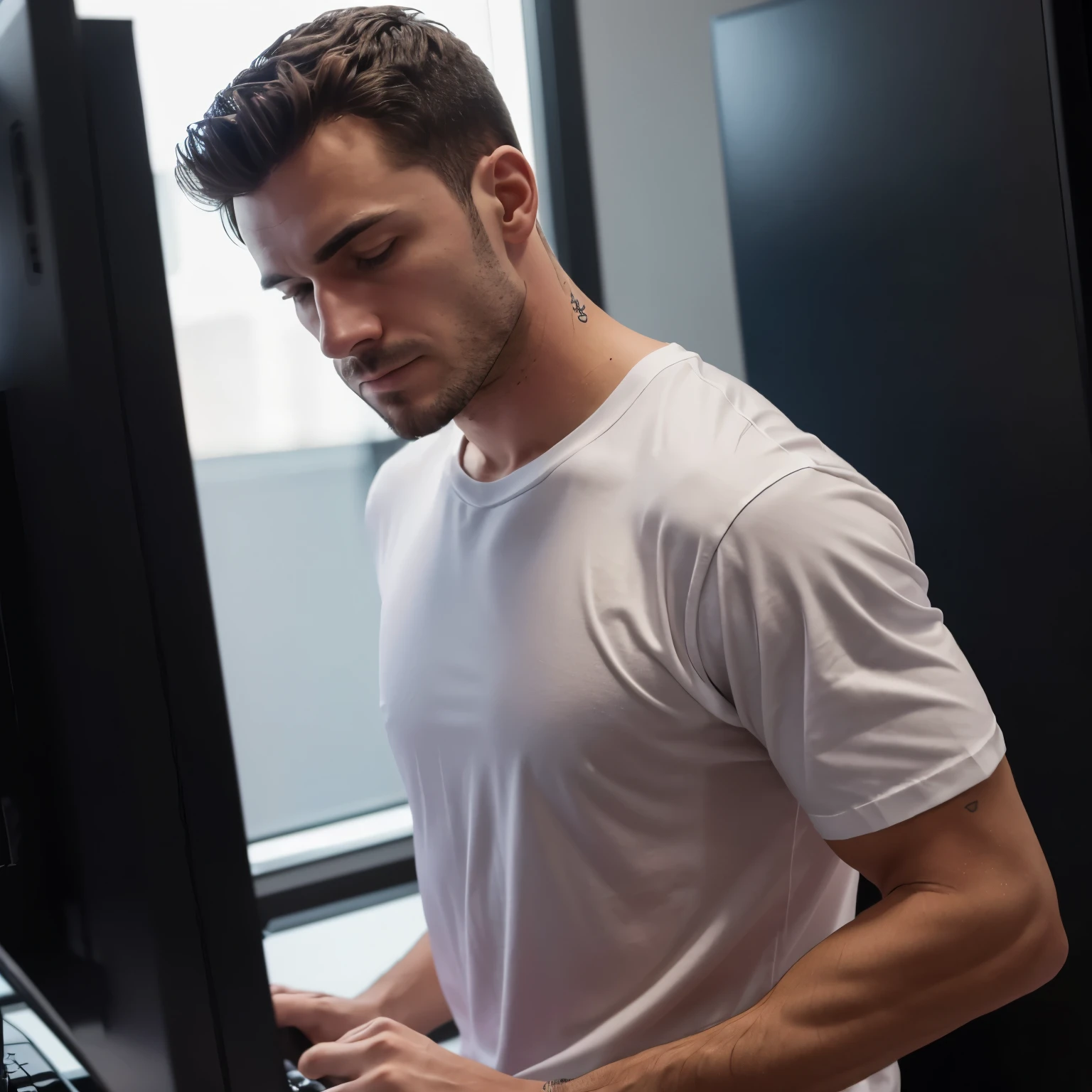 Man wearing a white t-shirt, ((no details)), dark day trader fund