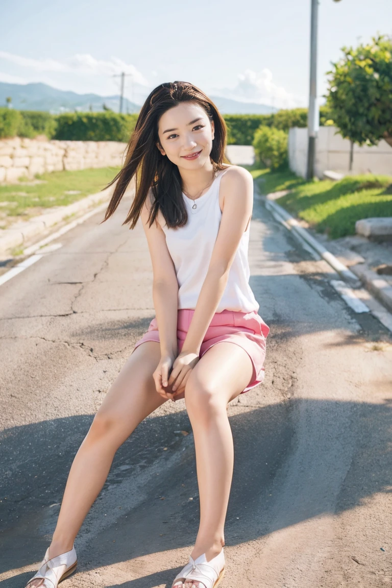 (Highest quality、High resolution、8k、masterpiece:1.55、Film Grain)、((Full body photography:1.0))、Japanese women、A woman with a cute upward gaze、Tank top with loose chest、Full body photography:1.33、Stylish clothes that show off your body lines and look great on Instagram、No underwear:1.88、Light brown hair、cute、Lens flare、((Nice style))、Highly detailed photos、Very beautiful and ideal、Super no makeup、(8k、RAW Photos、Highest quality、masterpiece:1.2)、(Realistic)、1 girl、((Looking into the camera:1.4))、Hair blowing in the wind