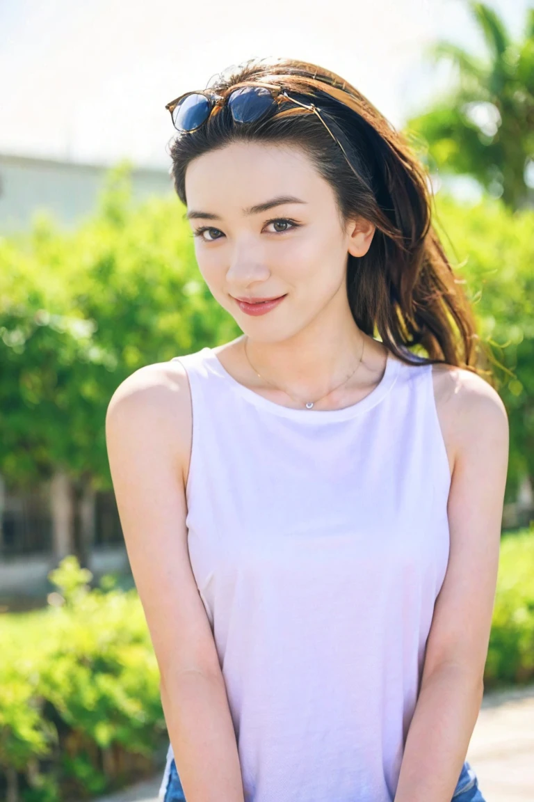 (Highest quality、High resolution、8k、masterpiece:1.55、Film Grain)、((Full body photography:1.0))、Japanese women、A woman with a cute upward gaze、Tank top with loose chest、Full body photography:1.33、Stylish clothes that show off your body lines and look great on Instagram、No underwear:1.88、Light brown hair、cute、Lens flare、((Nice style))、Highly detailed photos、Very beautiful and ideal、Super no makeup、(8k、RAW Photos、Highest quality、masterpiece:1.2)、(Realistic)、1 girl、((Looking into the camera:1.4))、Hair blowing in the wind
