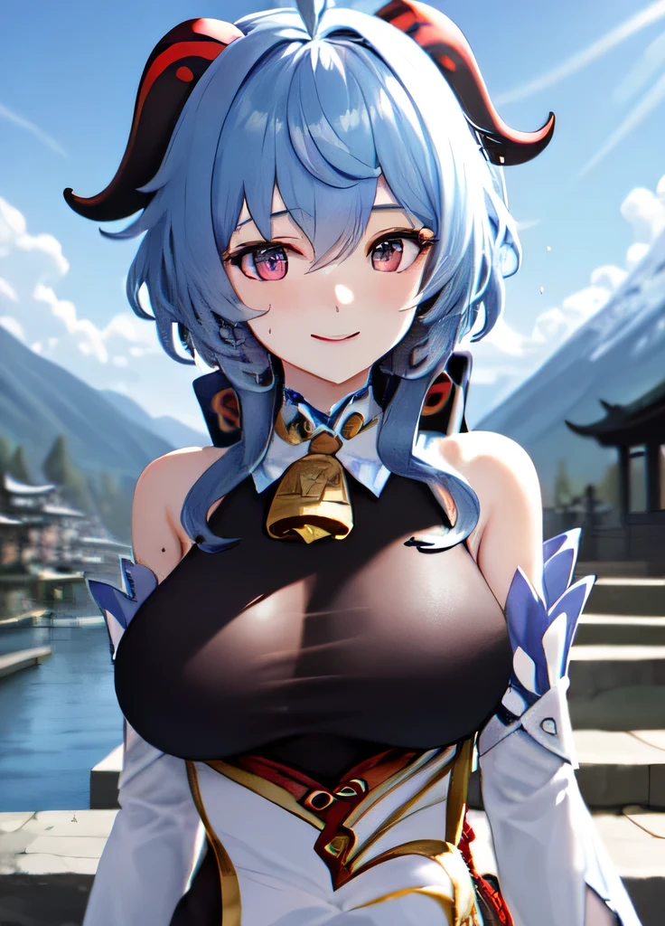 ganyudef, (mature face: 1.3), upper body, smil, flush, cool, day, simple backround, blauer heaven, Very big breasts, short hairs, Wet Clothes, Splashed Breasts, heaven, temple, watch viewer, stair, mountain, atmospheric lighting,