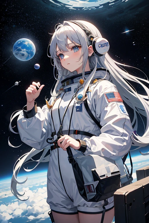 masterpiece, Highest quality, High resolution，Follow the on-screen instructions、Anime Style、Follow the prompts、One Girl、Long silver hair、、universe space、Confused、Spacesuit、Spacewalk、Reaching out to the earth、Adrift in Space