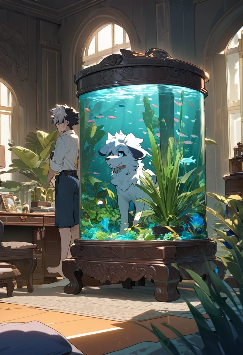 top quality, best quality, High-quality illustrations by Michelangelo, by Johannes Vermeer, masterpiece, super high resolution, detailed background, textile art, nightwear, surrounded cistern, transparent aquarium, aquatic plants, fluorescent lamp, caustics surface, reflecting, refraction, polarization, absurdres, perfect anatomy(handsome 1boy, kemono, solo focus, Adventurer, Archaeologist)(furry, dog facial features, dog body features)full body, expressionless, closed mouth, antique furniture, shaded face,