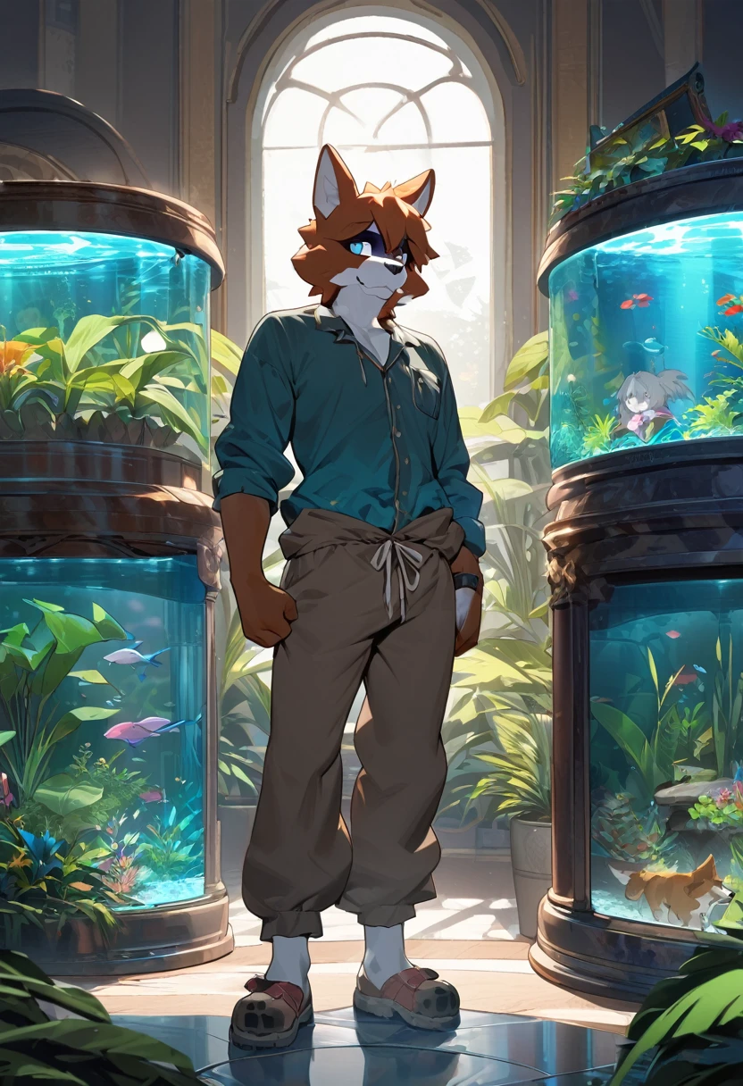top quality, best quality, High-quality illustrations by Michelangelo, by Johannes Vermeer, masterpiece, super high resolution, detailed background, textile art, nightwear, surrounded cistern, transparent aquarium, aquatic plants, fluorescent lamp, caustics surface, reflecting, refraction, polarization, absurdres, perfect anatomy(handsome 1boy, kemono, solo focus, Adventurer, Archaeologist)(furry, dog facial features, dog body features)full body, expressionless, closed mouth, antique furniture, shaded face,