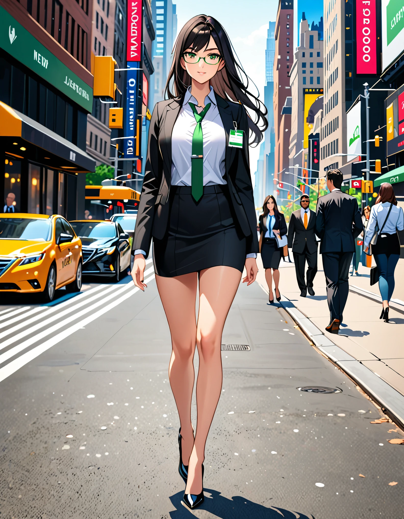 (masterpiece), (best quality), (high res), 1lady, tall body, beautiful detailed eyes, beautiful detailed face, glasses, confident look, perfect hands, complete fingers, perfect ???????, perfect proportions, ((jet black hair, medium hair, hair down)), ((green eyes)), ((black suit and tie, necktie, reporter's id card necklace)), (white shirt), ((pencil skirt, miniskirt, bare legs)), ((shoes, matching shoes, high heels)), breasts, medium breasts, (full body portrait), looking at viewer, walking, casual, solo, solo focus, cowboy shot, new york backdrop, full body costume design.