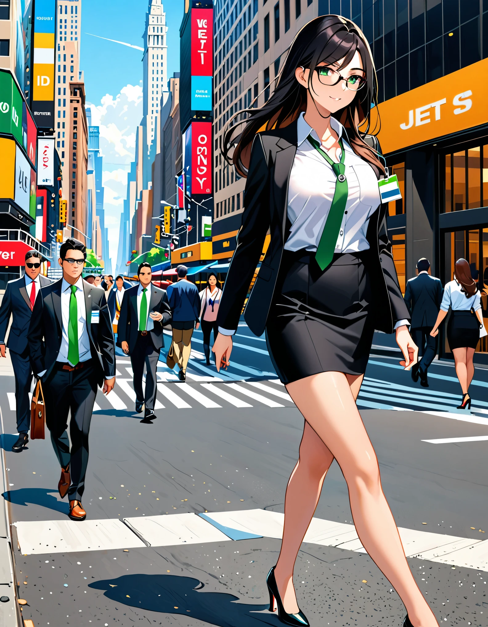 (masterpiece), (best quality), (high res), 1lady, tall body, beautiful detailed eyes, beautiful detailed face, glasses, confident look, perfect hands, complete fingers, perfect anatomy, perfect proportions, ((jet black hair, medium hair, hair down)), ((green eyes)), ((black suit and tie, necktie, reporter's id card necklace)), (white shirt), ((pencil skirt, miniskirt, bare legs)), ((shoes, matching shoes, high heels)), breasts, medium breasts, (full body portrait), looking at viewer, walking, casual, solo, solo focus, cowboy shot, new york backdrop, full body costume design.
