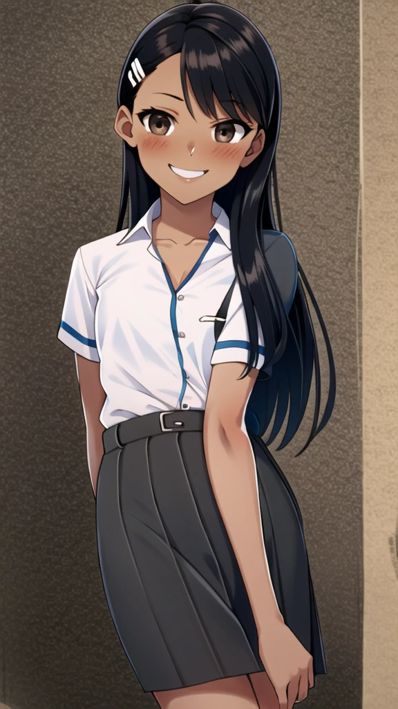 ((best quality)), ((masterpiece)), (details), one girl, sexy ((best quality)), ((masterpiece)), (details), one girl, sexy ((best quality)), ((masterpiece)), (details), one girl, full body, sexy expensive body, expensive, long legs, mature woman, mature, adult, it_nagatoro_main, Hayase Nagatoro, one girl, blushing, alone, uniform polo shirt, short sleeves, black hair,brown eyes, hair accessory, looking at viewer, hair clip, smiling, long hair, dark skinned woman, dark skin, , bangs, daytime, skirt, collared shirt, collarbone, ear clip, mouth closed, tree, asymmetrical bangs, upper body