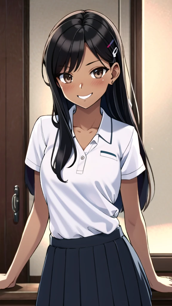 ((best quality)), ((masterpiece)), (details), one girl, sexy ((best quality)), ((masterpiece)), (details), one girl, sexy ((best quality)), ((masterpiece)), (details), one girl, full body, sexy expensive body, expensive, long legs, mature woman, mature, adult, it_nagatoro_main, Hayase Nagatoro, one girl, blushing, alone, uniform polo shirt, short sleeves, black hair,brown eyes, hair accessory, looking at viewer, hair clip, smiling, long hair, dark skinned woman, dark skin, , bangs, daytime, skirt, collared shirt, collarbone, ear clip, mouth closed, tree, asymmetrical bangs, upper body