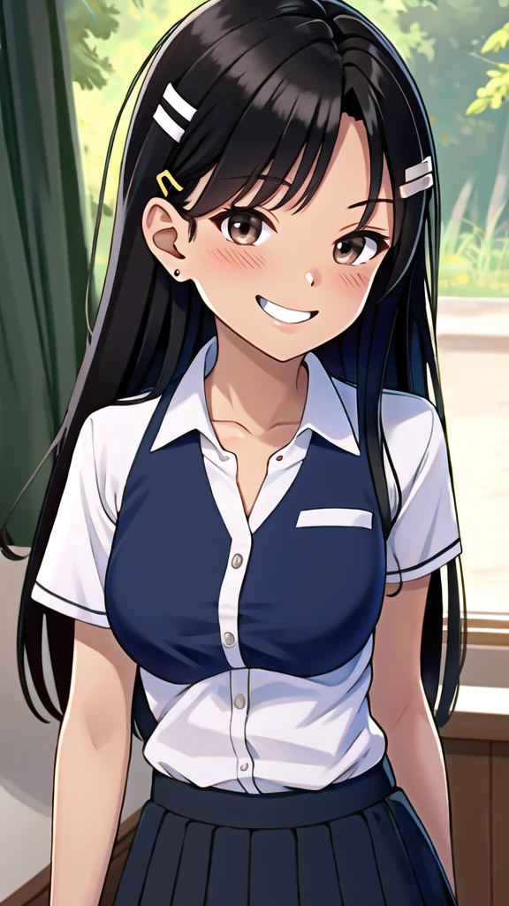 ((best quality)), ((masterpiece)), (details), one girl, sexy ((best quality)), ((masterpiece)), (details), one girl, sexy ((best quality)), ((masterpiece)), (details), one girl, full body, sexy expensive body, expensive, long legs, mature woman, mature, adult, it_nagatoro_main, Hayase Nagatoro, one girl, blushing, alone, uniform polo shirt, short sleeves, black hair,brown eyes, hair accessory, looking at viewer, hair clip, smiling, long hair, dark skinned woman, dark skin, , bangs, daytime, skirt, collared shirt, collarbone, ear clip, mouth closed, tree, asymmetrical bangs, upper body
