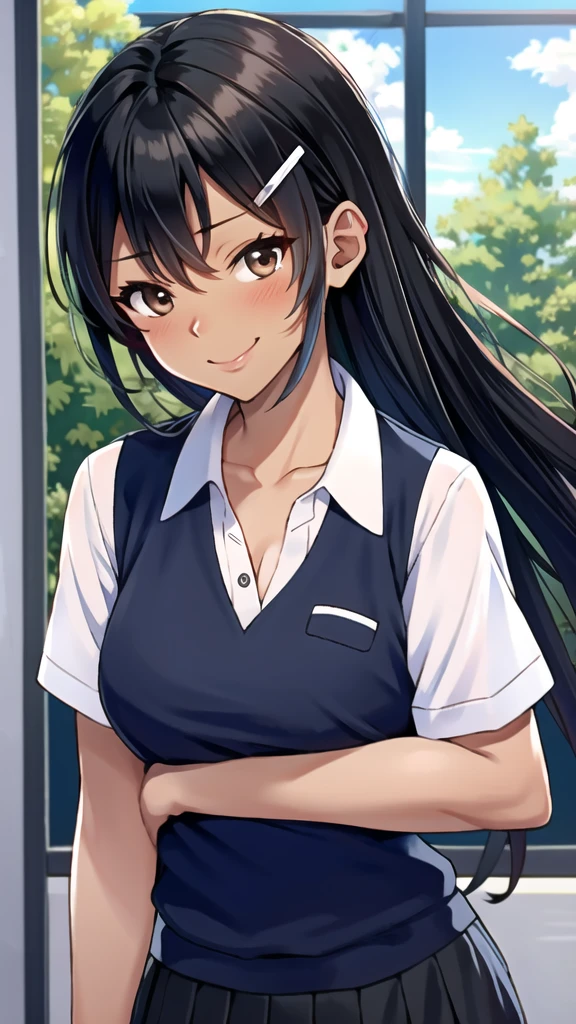 ((best quality)), ((masterpiece)), (details), one girl, sexy ((best quality)), ((masterpiece)), (details), one girl, sexy ((best quality)), ((masterpiece)), (details), one girl, full body, sexy expensive body, expensive, long legs, mature woman, mature, adult, it_nagatoro_main, Hayase Nagatoro, one girl, blushing, alone, uniform polo shirt, short sleeves, black hair,brown eyes, hair accessory, looking at viewer, hair clip, smiling, long hair, dark skinned woman, dark skin, , bangs, daytime, skirt, collared shirt, collarbone, ear clip, mouth closed, tree, asymmetrical bangs, upper body