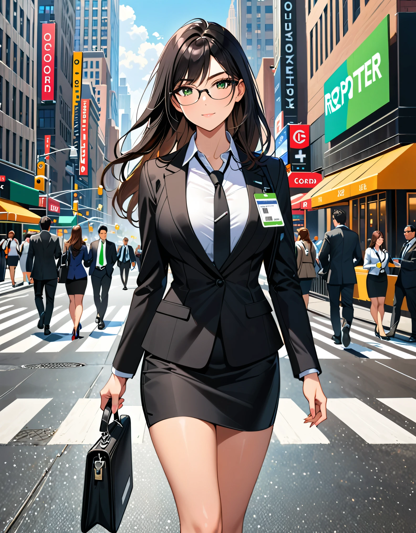 (masterpiece), (best quality), (high res), 1lady, tall body, beautiful detailed eyes, beautiful detailed face, glasses, confident look, perfect hands, complete fingers, perfect anatomy, perfect proportions, ((jet black hair, medium hair, hair down)), ((green eyes)), ((black suit and tie, necktie, reporter's id card necklace)), (white shirt), ((pencil skirt, miniskirt, bare legs)), ((shoes, matching shoes, high heels)), breasts, medium breasts, (full body portrait), looking at viewer, walking, casual, solo, solo focus, cowboy shot, new york backdrop, full body costume design.