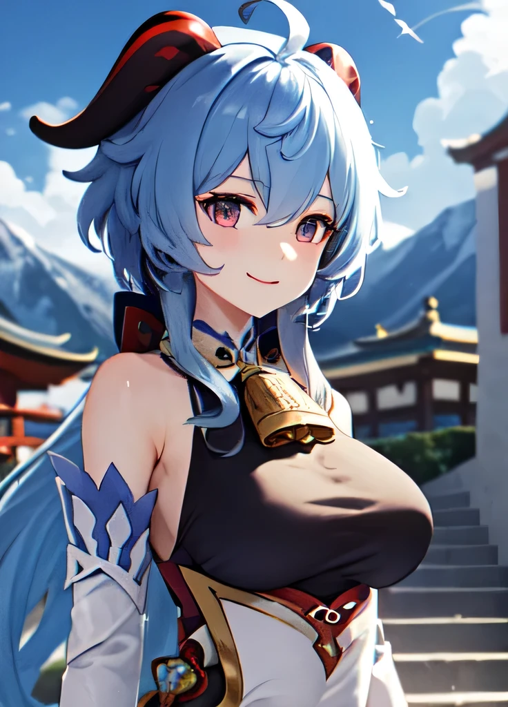 ganyudef, (mature face: 1.3), upper body, smil, flush, cool, day, simple backround, blauer heaven, Very big breasts, short hairs, Whole body wet, Splashed Breasts, heaven, temple, watch viewer, stair, mountain, atmospheric lighting,