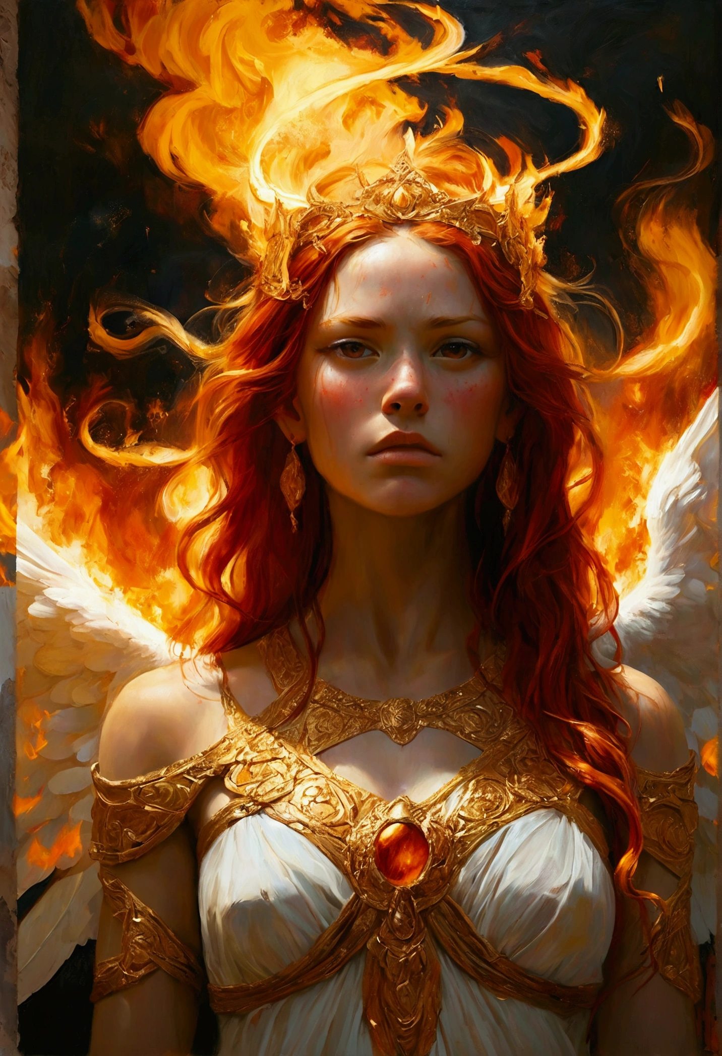 Create a detailed and expressive painting of a fire goddess with long red hair in the foreground. The goddess should be centred in the image with her head slightly tilted back, her eyes shows a great expression of sadness, longing and anger with tears rolling down her cheeks in gold on her face; it reflects the intensity of emotions as in Cabanel's portrait of The Fallen Angel. His face should be centred to the camera. His shoulders should be visible, while the rest of his body remains outside the frame. The background should feature the element of fire that makes a crown behind his head, composed of a sunny, vibrant element in dark orange and dark yellow tones that create an intense, radiant effect against a black background. The background should be powerful, showing her fury and energy, giving a juxtaposition between the expression of the goddess's face and the background. The hair should give a sense of movement and energy like wind. Use dramatic lighting to highlight the face and hair of the goddess, creating a strong contrast with the fiery background. The artistic style should focus on intricate details and ethereal elements, ensuring that the overall composition appears divine and otherworldly. Maintain the warmth of the colours and fine textures to faithfully replicate the image provided, allowing the figure to be substituted for another while retaining the background and overall style.