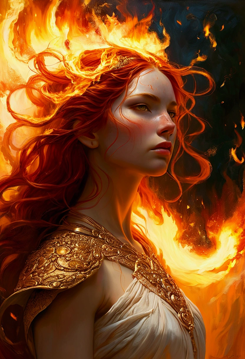 Create a detailed and expressive painting of a fire goddess with long red hair in the foreground. The goddess should be centred in the image with her head slightly tilted back, her eyes shows a great expression of sadness, longing and anger with tears rolling down her cheeks in gold on her face; it reflects the intensity of emotions as in Cabanel's portrait of The Fallen Angel.  His face should be centred to the camera. His shoulders should be visible, while the rest of his body remains outside the frame. The background should feature the element of fire that makes a crown behind his head, composed of a sunny, vibrant element in dark orange and dark yellow tones that create an intense, radiant effect against a black background. The background should be powerful, showing her fury and energy, giving a juxtaposition between the expression of the goddess's face and the background. The hair should give a sense of movement and energy like wind. Use dramatic lighting to highlight the face and hair of the goddess, creating a strong contrast with the fiery background. The artistic style should focus on intricate details and ethereal elements, ensuring that the overall composition appears divine and otherworldly. Maintain the warmth of the colours and fine textures to faithfully replicate the image provided, allowing the figure to be substituted for another while retaining the background and overall style. 