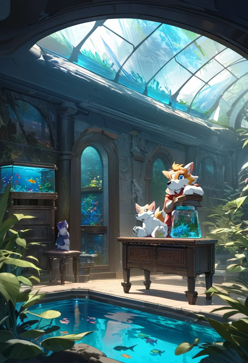 top quality, best quality, High-quality illustrations by Michelangelo, by Johannes Vermeer, masterpiece, super high resolution, detailed background, textile art, nightwear, surrounded cistern, transparent aquarium, aquatic plants, fluorescent lamp, caustics surface, reflecting, refraction, polarization, absurdres, perfect anatomy(handsome 1boy, kemono, solo focus, Adventurer, Archaeologist)(furry, dog facial features, dog body features)full body, expressionless, closed mouth, antique furniture, shaded face,