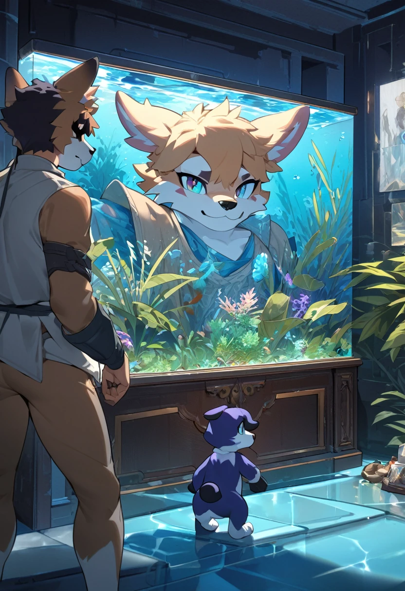 top quality, best quality, High-quality illustrations by Michelangelo, by Johannes Vermeer, masterpiece, super high resolution, detailed background, textile art, nightwear, surrounded cistern, transparent aquarium, aquatic plants, fluorescent lamp, caustics surface, reflecting, refraction, polarization, absurdres, perfect anatomy(handsome 1boy, kemono, solo focus, Adventurer, Archaeologist)(furry, dog facial features, dog body features)full body, expressionless, closed mouth, antique furniture, shaded face,