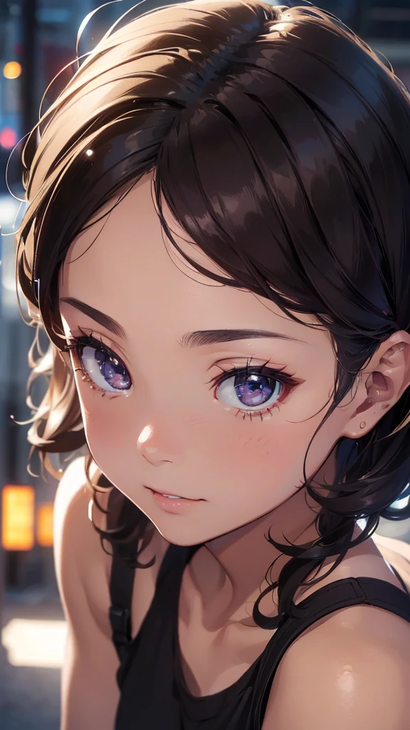 1 young man, light brown skin, short curly black hair, dark brown eyes, black tank top, Zenitsu Agatsuma style, looking at camera, (best quality,4k,8k,highres,masterpiece:1.2),ultra-detailed,(realistic,photorealistic,photo-realistic:1.37),extremely detailed face and eyes,beautiful detailed eyes,beautiful detailed lips,extremely detailed eyes and face,long eyelashes,cinematic lighting,dramatic lighting,vibrant colors,natural skin texture,highly detailed portrait