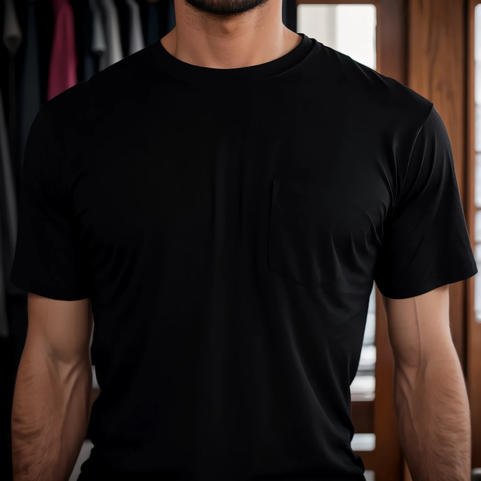Man wearing a black t-shirt with no details, fundo traders