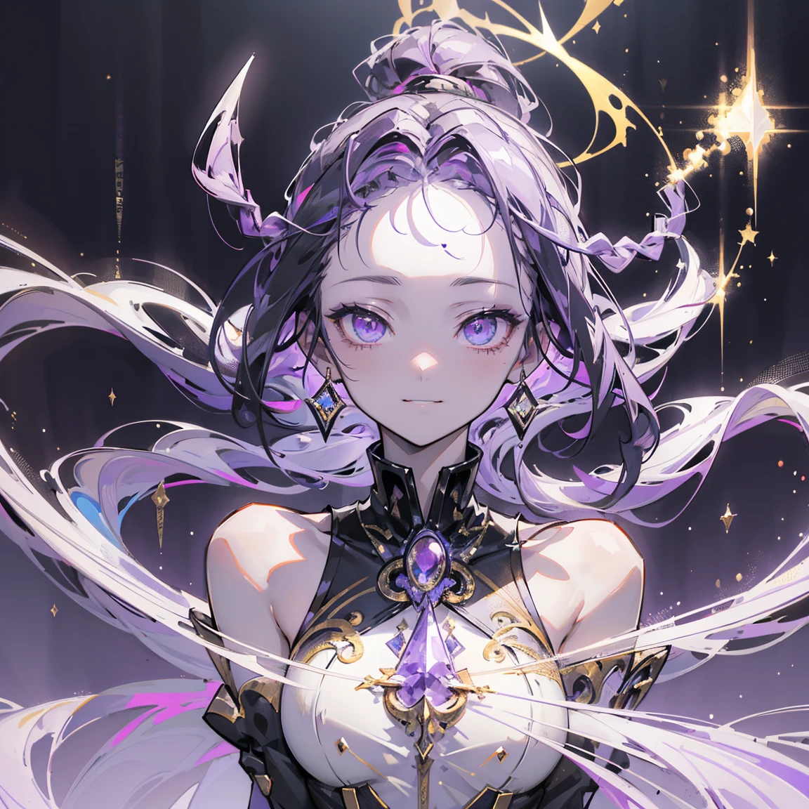 cheerful boy aristocrat open forehead. dark purple hair braided in a ponytail on the left side to one side. sinuous black horns wrapped in dark purple ribbon. pale violet eyes. in short dark purple shorts. long white T-shirt. dark purple knee-high socks. a white long robe with a hood flutters in the wind. black ancient stone walls of the castle purple light from lamps with gold ornaments, heterochromia, long curly hair, pale skin, I look at the viewer, closed mouth, bright smile, Beautiful, extremely detailed eye, Absolutely amazing art, extremely detailed, Digital art of the highest quality, full length, old piano, ancient walls of a stone castle