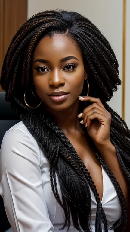 A beautiful beautiful black woman, beautiful silhouette, Cutes + gentle lips+Businessman Tresse) are in a company . very realistic Ivorian communications manager