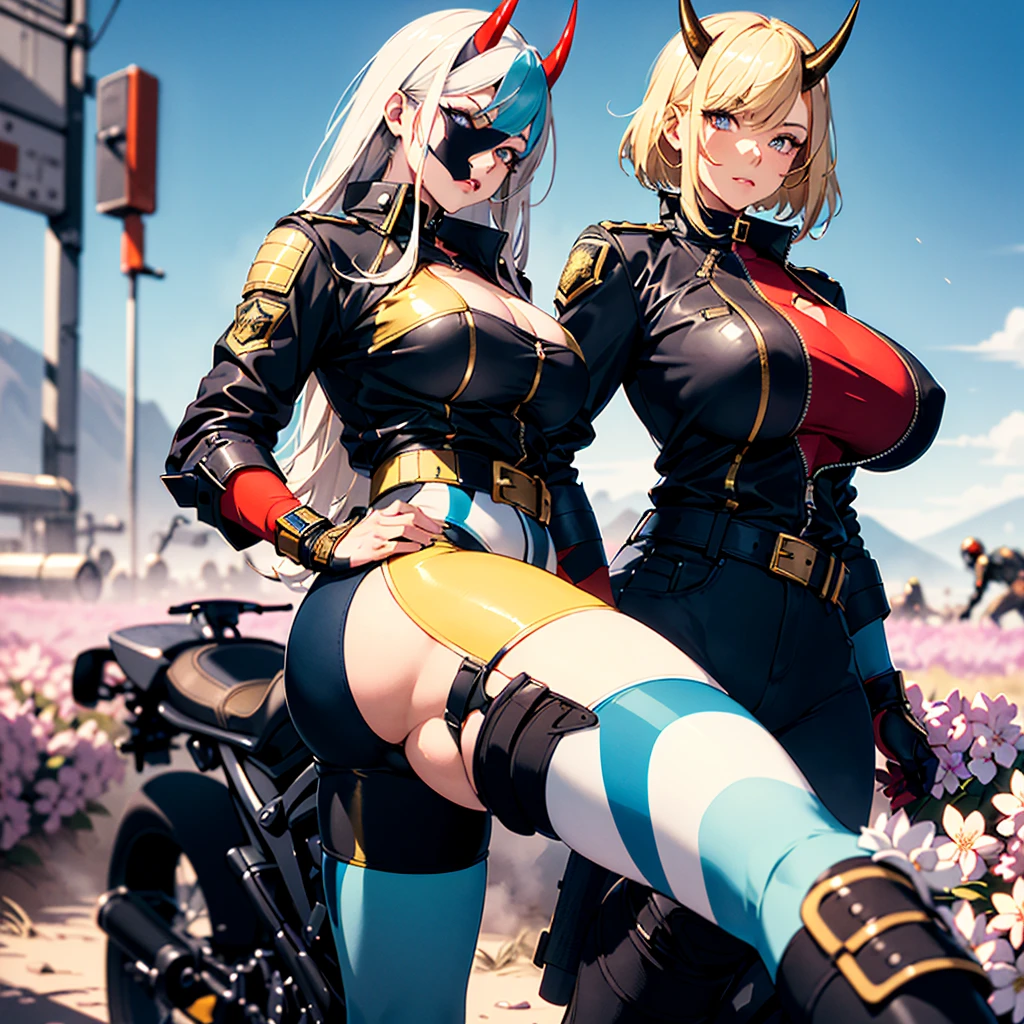 ((best quality)), ((masterpiece)), (detailed), 1girl, 8k_wallpaper, extremely detailed eyes, extremely detailed body, beautiful face, perfect face, detailed ((blonde hair)), (gold eyes), ((large big red and blue horns)), {{dark skin}}, ({dark skinned female}), gigantic breasts, thick thighs, strong arm and leg muscles, strong abdominal muscles, Monster women, Korean women, wearing a modern short black cloth jacket with rolled up sleeves, (wearing heavy gold colored steel cyberpunk armor), a wide red leather belt with blue steel yarn, steel boots, steel thigh guards, a military radio hangs on her belt, a biker girl, she rides on another planet along a lilac field against the backdrop of a blue desert and high red mountains,