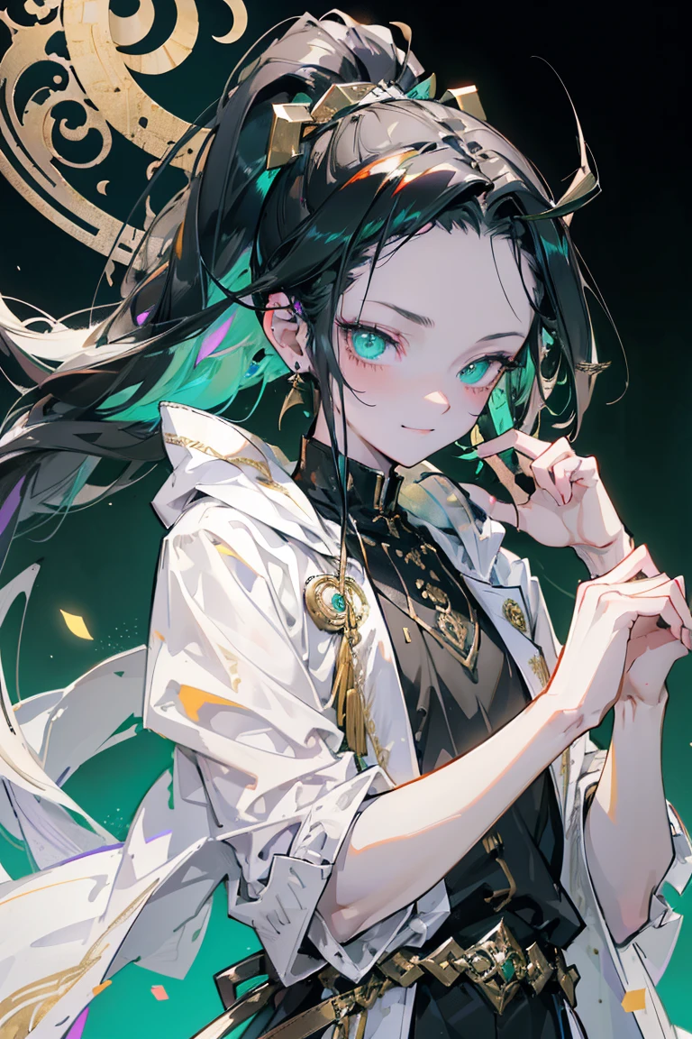 cheerful boy aristocrat open forehead. dark green hair braided in a ponytail on the left side to one side. sinuous black horns wrapped in dark green ribbon. pale green eyes. in short dark green shorts. long white T-shirt. dark green knee-high socks. a white long robe with a hood flutters in the wind. black ancient stone walls of the castle purple light from lamps with gold ornaments, heterochromia, long curly hair, pale skin, I look at the viewer, closed mouth, bright smile, Beautiful, extremely detailed eye, Absolutely amazing art, extremely detailed, Digital art of the highest quality, full length, old piano, ancient walls of a stone castle 