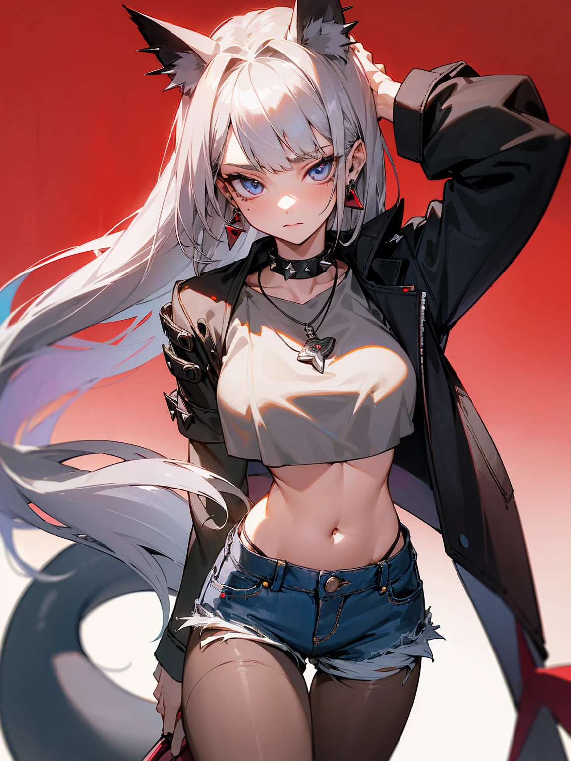 ((Long Straight Silver hair)), Perfect face, Choker, Punk earrings, ((Tall)), ((High Quality)), Necklace, ((Mature)), Pretty Eyes, Sharp Nails, Bangs, ((1 Girl)), ((Multiple Earrings)), 1 girl, Spiky Earrings, Adult, Spiked Collar, Thin Eyelashes, Plain Background, Red Colors in Background, Vampire Girl, Long Tail, Large Tail, Massive Tail, Shark Tail, ((Jean Shorts)), ((Long Sleeve Crop Top)), Close Up, Very Short Mini Skirt, Tall, Long Legs, Dynamic Pose, Black Tail, 2 moles under left eye, Wide Hips, Pantyhose, Vibrant Colors, Close Up, Sexy, Suggestive, Sexually Suggestive,