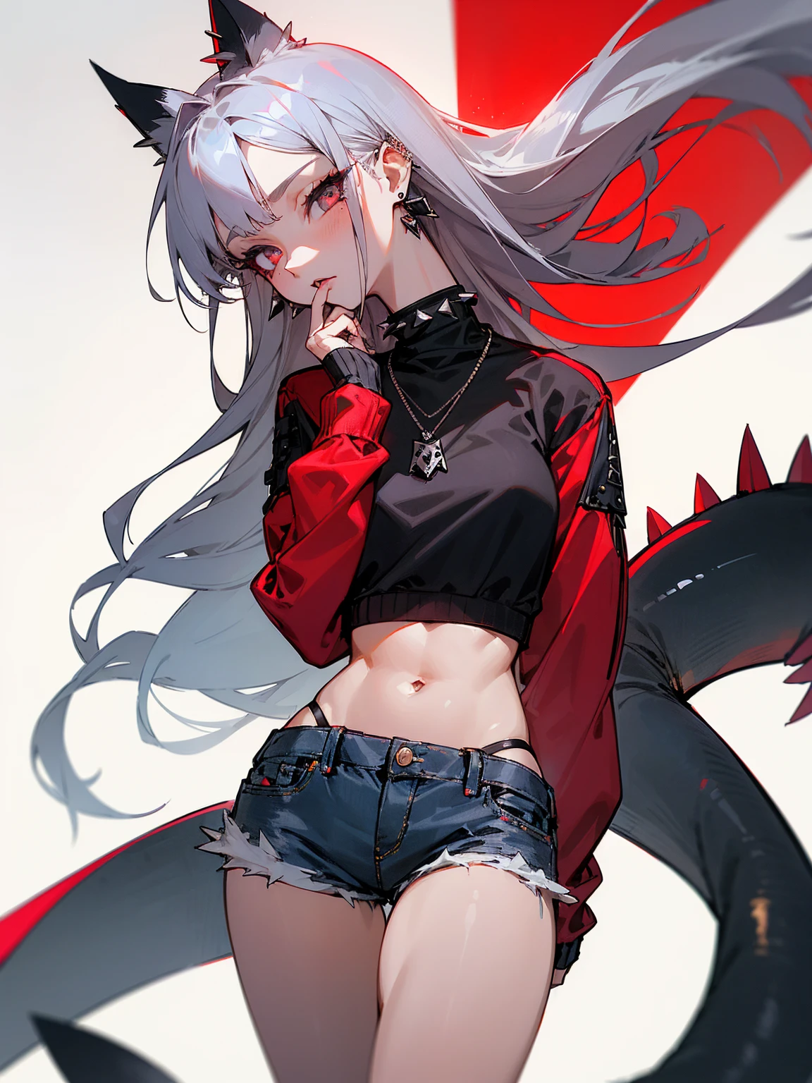 ((Long Straight Silver hair)), Perfect face, Choker, Punk earrings, ((Tall)), ((High Quality)), Necklace, ((Mature)), Pretty Eyes, Sharp Nails, Bangs, ((1 Girl)), ((Multiple Earrings)), 1 girl, Spiky Earrings, Adult, Spiked Collar, Thin Eyelashes, Plain Background, Red Colors in Background, Vampire Girl, Long Tail, Large Tail, Massive Tail, Shark Tail, ((Jean Shorts)), ((Long Sleeve Crop Top)), Close Up, Very Short Mini Skirt, Tall, Long Legs, Dynamic Pose, Black Tail, 2 moles under left eye, Wide Hips, Pantyhose, Vibrant Colors, Close Up, Sexy, Suggestive, Sexually Suggestive,