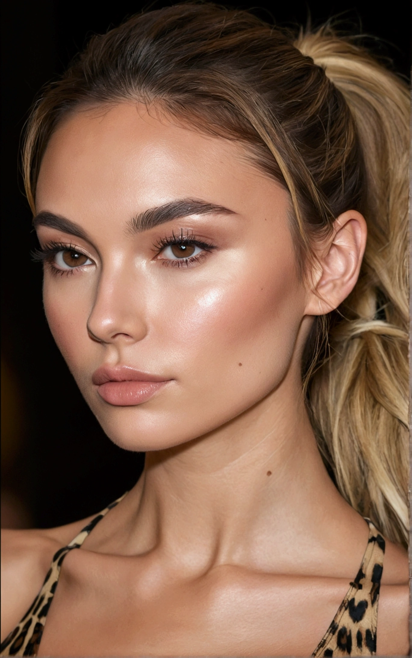 brown hair, woman with a messy ponytail and a leopard print top, brown haired woman, defined cheekbones, neck zoomed in from lips down, defined jawline, close up face, perfectly lit face, face close up, high cheekbones, slightly defined jawline, big cheekbones, close up at face, closeup shot of face, well defined jawline