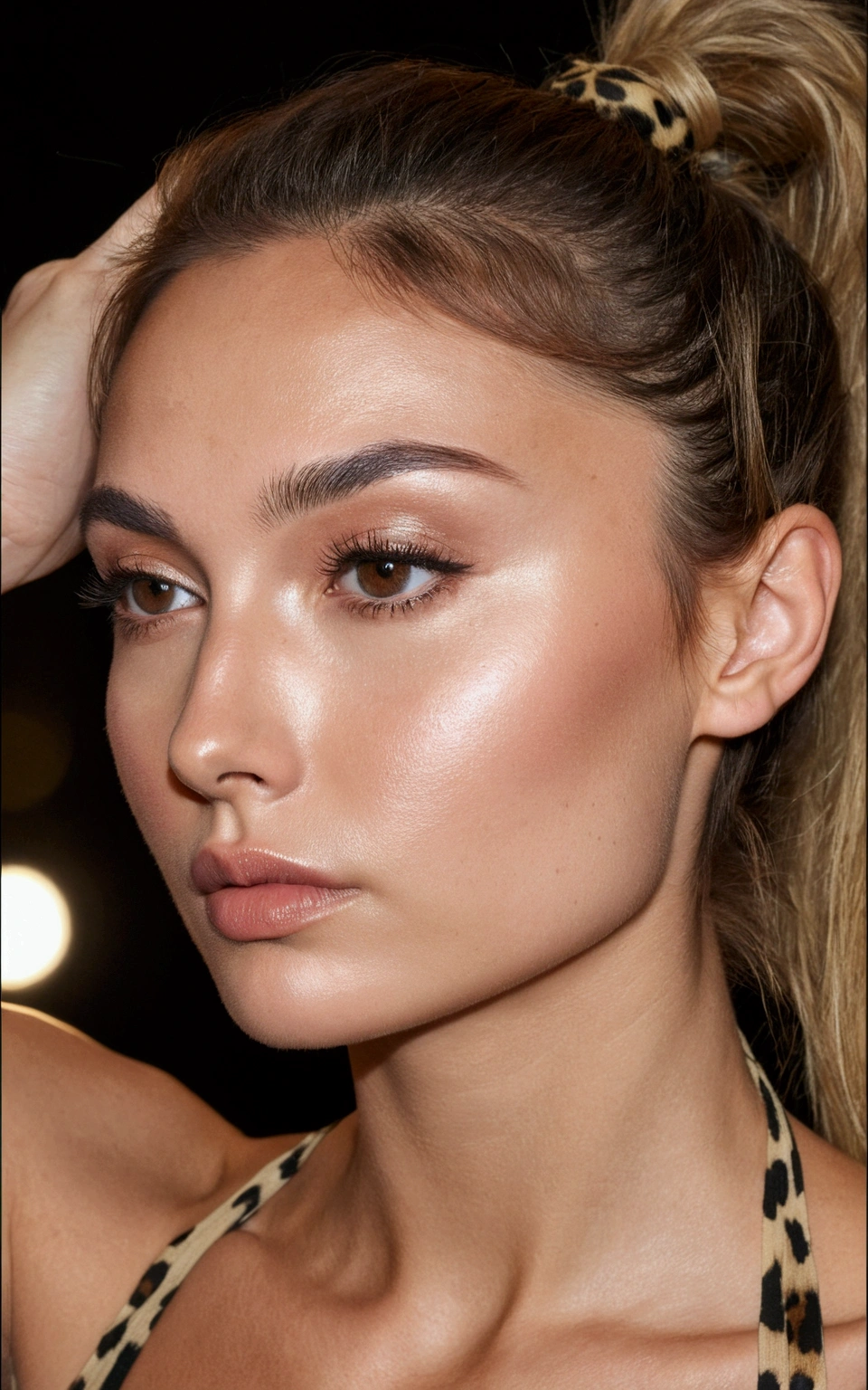 brown hair, woman with a messy ponytail and a leopard print top, brown haired woman, defined cheekbones, neck zoomed in from lips down, defined jawline, close up face, perfectly lit face, face close up, high cheekbones, slightly defined jawline, big cheekbones, close up at face, closeup shot of face, well defined jawline