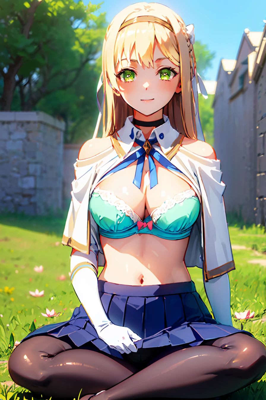 Claudia Valentz, Claudia Walents, Long Hair, Blonde, bow, ribbon, (Green Eyes:1.3), Braiding, hair band, side Braiding, smile,
break skirt, gloves, Cleavage, choker, Capelet, Bridal Gauntlet, white Capelet,
break outdoors,
break looking at viewer, (Cowboy Shot:1.5),
break (masterpiece:1.2), Highest quality, High resolution, unity 8k wallpaper, (figure:0.8), (Beautiful attention to detail:1.6), Highly detailed face, Perfect lighting, Highly detailed CG, (Perfect hands, Perfect Anatomy), ((Full body portrait、Sitting、Spread your legs、lotus position、Indian Style、Skirt Lift、Panties through pantyhose、Showing off her panties、Shirt lift、Showing off her bra、((Bra lift))、breast grab))