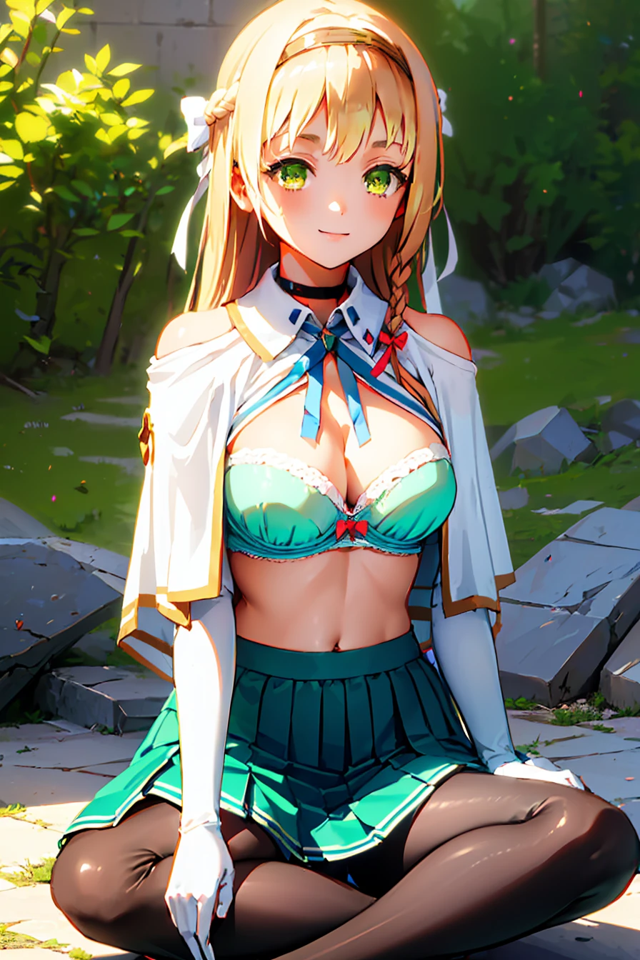 Claudia Valentz, Claudia Walents, Long Hair, Blonde, bow, ribbon, (Green Eyes:1.3), Braiding, hair band, side Braiding, smile,
break skirt, gloves, Cleavage, choker, Capelet, Bridal Gauntlet, white Capelet,
break outdoors,
break looking at viewer, (Cowboy Shot:1.5),
break (masterpiece:1.2), Highest quality, High resolution, unity 8k wallpaper, (figure:0.8), (Beautiful attention to detail:1.6), Highly detailed face, Perfect lighting, Highly detailed CG, (Perfect hands, Perfect Anatomy), ((Full body portrait、Sitting、Spread your legs、lotus position、Indian Style、Skirt Lift、Panties through pantyhose、Showing off her panties、Shirt lift、Showing off her bra、((Bra lift))、breast grab))