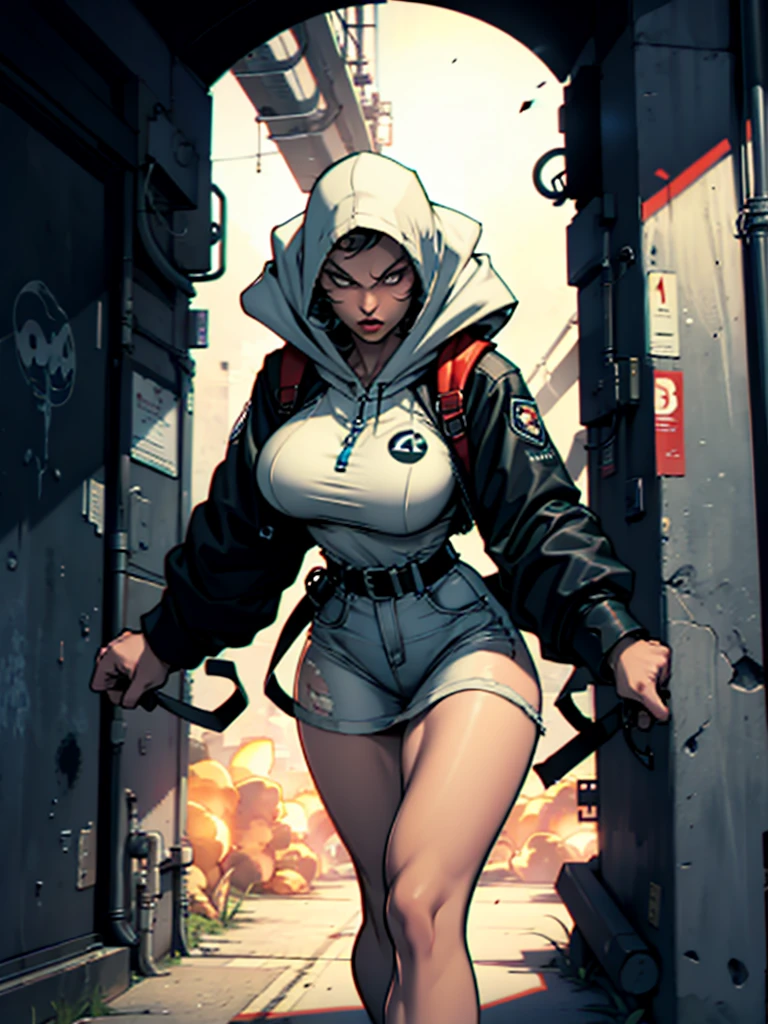 Woman with big breasts, thick legs, distressed with fear walking , Handcuffed hands, an alien portal towards the camera